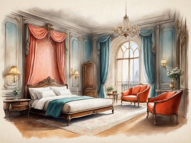 Auf dem Bild ist ein luxuriös eingerichtetes Zimmer zu sehen, das an die Ausstattung eines NYX Hotels erinnern könnte. Es ist mit einem großen Bett ausgestattet, das mit eleganten Kissen und einer Decke dekoriert ist.
Die Wände sind stilvoll mit blauen und rosa Vorhängen sowie ansprechend verzierten Möbeln gestaltet. Neben dem Bett stehen Nachtische mit Lampen, die eine gemütliche Atmosphäre schaffen. Ein eleganter Kronleuchter hängt von der Decke, während große Fenster Tageslicht ins Zimmer lassen.
Zwei rote Sessel laden zum Entspannen ein, und die Dekoration umfasst Pflanzen, die für einen frischen Touch sorgen. In einem NYX Hotel würden zusätzliche Annehmlichkeiten wie kostenloses WLAN, eine Minibar und ein Fitnessbereich das Angebot abrunden.