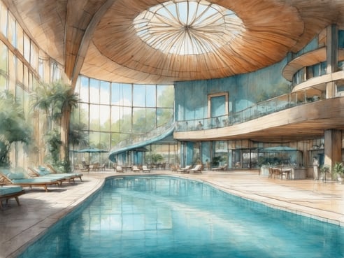 Ein lichtdurchfluteter Innenbereich eines Schwimmbads mit großen Fenstern und einer hohen, gewölbten Holzdecke. Das Wasser des Swimmingpools reflektiert das Licht und die Umgebung. Rund um den Pool stehen bequeme Liegen mit hellen Auflagen, und es gibt verschiedene Pflanzen, die eine tropische Atmosphäre schaffen. Im Hintergrund ist eine spiralförmige Rutsche sichtbar und ein kleiner Bereich mit Tischen und Stühlen. Diese Architektur vermittelt ein Gefühl von Entspannung und Luxus.