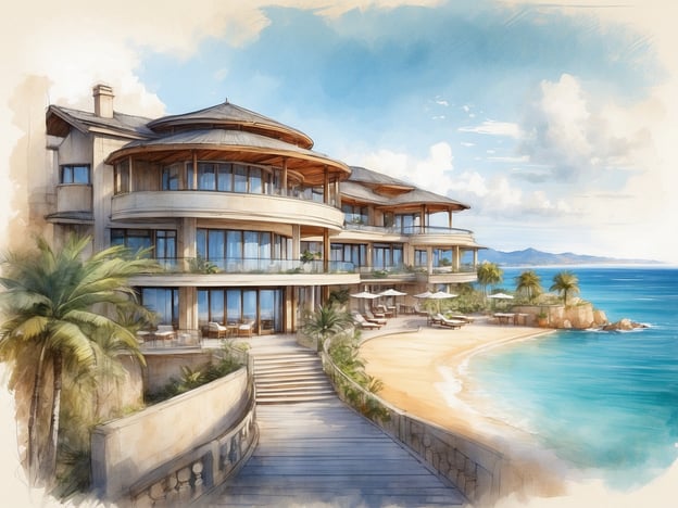 Das Bild zeigt eine stilisierte Darstellung eines luxuriösen Hotels am Strand, mit einer modernen Architektur und großen Fenstern, die einen Blick auf das Meer ermöglichen. Rund um das Gebäude sind Palmen und eine Terrasse mit Liegen zu sehen, die eine entspannende Atmosphäre vermitteln.
Das Herods Boutique Eilat Hotel ist ein elegantes Hotel, das direkt am Roten Meer liegt. Es bietet eine Vielzahl von Annehmlichkeiten, darunter luxuriöse Zimmer, erstklassige Restaurants und einen großen Außenpool. Die Gäste können Aktivitäten wie Wassersport und Wellness-Behandlungen genießen, während sie die atemberaubende Aussicht auf das Meer und die umliegende Landschaft erleben. Die Kombination aus Komfort und natürlicher Schönheit macht es zu einem beliebten Ziel für Reisende.