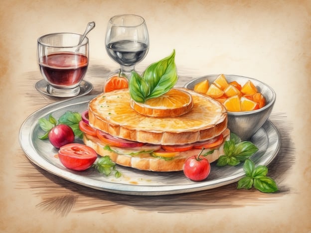 Auf dem Bild ist ein leckeres kulinarisches Erlebnis zu sehen. Es zeigt ein opulentes Sandwich, das auf einem silbernen Teller angerichtet ist. Die Brotscheiben sind großzügig belegt mit frischem Gemüse und möglicherweise etwas Aufschnitt, was für einen herzhaften Geschmack sorgt. Dazu gibt es eine Auswahl von frischen Obststücken in einer kleinen Schüssel, die die Mahlzeit mit einer fruchtigen Note ergänzt.
Ein Glas von einem dunklen Getränk sowie ein weiteres Glas mit einem helleren Getränk runden das Set ab – ideal für einen entspannten Genussmoment. Die frischen Kräuter, die auf dem Teller verteilt sind, verleihen dem Gericht nicht nur einen schönen Anblick, sondern auch eine aromatische Frische. Dieses Arrangement könnte perfekt für ein leichtes Mittagessen oder ein Brunch sein.