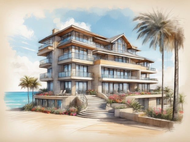 Auf dem Bild ist eine Zeichnung eines modernen, eleganten Gebäudes zu sehen, das an ein Hotel erinnert. Es hat große Fensterfronten, Terrassen und ist von tropischen Pflanzen sowie Palmen umgeben, was auf eine Strand- oder Urlaubsatmosphäre hinweist.
Das Herods Palace Eilat Hotel ist ein luxuriöses Hotel in Eilat, Israel, das direkt am Roten Meer liegt. Es bietet eine Vielzahl von Annehmlichkeiten, darunter Pools, Wellnessbereiche und erstklassige Restaurants. Die Architektur des Hotels kombiniert klassisches Design mit modernen Elementen, was den Gästen ein komfortables und stilvolles Ambiente sorgt. Die Lage am Meer ermöglicht Aktivitäten wie Schnorcheln und Wassersport, was es zu einem attraktiven Ziel für Urlauber macht.
