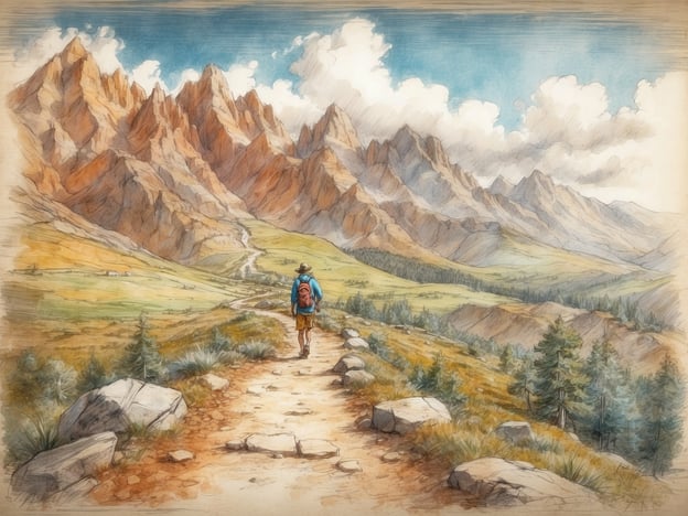Auf dem Bild ist eine malerische Berglandschaft zu sehen, in der ein Wanderer auf einem Pfad durch eine weite, grüne Ebene geht. Die beeindruckenden Gipfel im Hintergrund sind von verschiedenen Farben geprägt, von erdigen Tönen bis zu leuchtenden Orange- und Grautönen.
In dieser Umgebung könnte man wunderbar wandern, die frische Bergluft genießen und die Natur erkunden. Es wäre auch möglich, eine Pause einzulegen, um die Aussicht zu genießen und auf einem der Felsen zu sitzen. Vielleicht gibt es in der Nähe auch die Möglichkeit, ein Picknick zu machen oder die Flora und Fauna zu beobachten. Für Abenteuerlustige könnte eine anspruchsvollere Wanderung zu einem der höchsten Gipfel auf dem Plan stehen, während Familien einen gemütlicheren Weg bevorzugen könnten. In dieser Idylle würde sich sicher auch die Gelegenheit bieten, mit Freunden oder der Familie zu wandern und unvergessliche Erlebnisse zu sammeln.