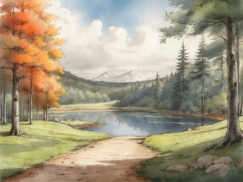 Eine malerische Landschaft mit einem ruhigen See, umgeben von Wäldern und Bergen im Hintergrund. Am linken Rand stehen Bäume mit orangefarbenem Laub, während rechts Nadelbäume sichtbar sind. Der Himmel ist blau mit einigen weißen Wolken, und der Weg führt sanft entlang des Wassers. Die Szenerie vermittelt eine friedliche und natürliche Atmosphäre, ideal für einen entspannten Aufenthalt in der Natur.