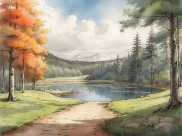 Eine malerische Landschaft mit einem ruhigen See, umgeben von Wäldern und Bergen im Hintergrund. Am linken Rand stehen Bäume mit orangefarbenem Laub, während rechts Nadelbäume sichtbar sind. Der Himmel ist blau mit einigen weißen Wolken, und der Weg führt sanft entlang des Wassers. Die Szenerie vermittelt eine friedliche und natürliche Atmosphäre, ideal für einen entspannten Aufenthalt in der Natur.