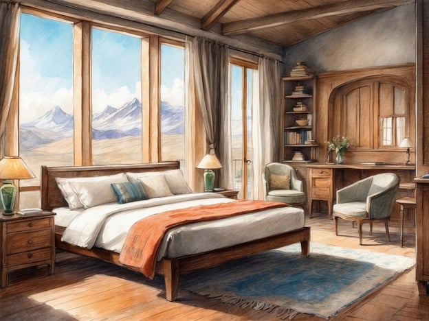 Auf dem Bild ist ein gemütliches Schlafzimmer zu sehen. Es gibt ein großes Bett mit einer weißen Bettdecke und dekorativen Kissen. Neben dem Bett stehen Nachttische mit Lampen. Große Fenster bieten einen Blick auf eine Berglandschaft, und das Zimmer hat eine warme Holzgestaltung.
In der Ecke befindet sich ein Schreibtisch mit einem Stuhl und Bücherregalen, die mit Büchern dekoriert sind. Zwei weitere Stühle stehen ebenfalls bereit. Der Raum vermittelt eine harmonische Atmosphäre und lädt zum Entspannen und Arbeiten ein.