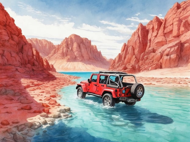 Auf dem Bild ist ein rotes Offroad-Fahrzeug zu sehen, das durch ein flaches Gewässer in einer beeindruckenden Wüstenlandschaft fährt. Die roten Felsformationen im Hintergrund deuten auf ein trockenes, gebirgiges Gebiet hin.
In der Umgebung von Eilat gibt es zahlreiche Ausflugsmöglichkeiten, die die Schönheit der Wüste und das Rote Meer kombinieren. Hier sind einige Ideen:
1. **Wanderungen im Timna-Park**: Entdecken Sie die einzigartigen Felsformationen und die reiche Geschichte der Kupferminen.
2. **Schnorcheln im Coral Beach**: Genießen Sie die farbenfrohe Unterwasserwelt und das klare Wasser des Roten Meeres.
3. **Jeep-Touren durch die Wüste**: Erleben Sie aufregende Offroad-Abenteuer in der Umgebung von Eilat, wo Sie die faszinierende Landschaft hautnah erleben können.
4. **Besuch des Naturreservats von Eilat**: Beobachten Sie verschiedene Vogelarten und genießen Sie die ruhige Natur.
5. **Bootsausflüge**: Erkunden Sie die Küste vom Wasser aus und erleben Sie Wassersportaktivitäten.
Jede dieser Aktivitäten bietet eine tolle Möglichkeit, die beeindruckende Natur und das Abenteuer rund um Eilat zu erleben!