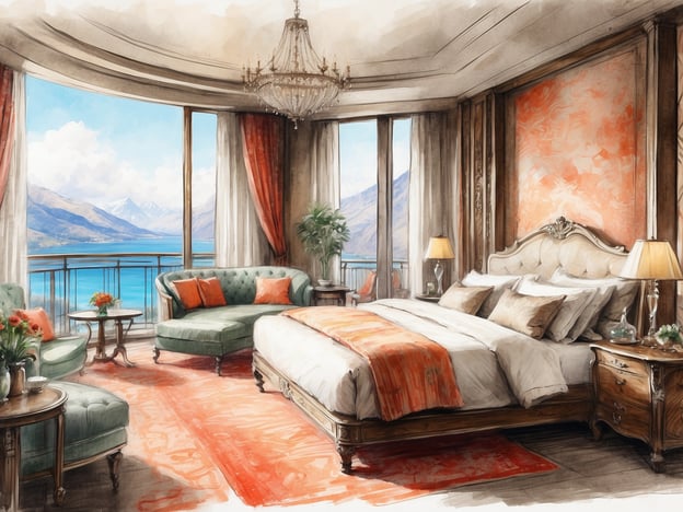 Das Bild zeigt ein elegantes Zimmer mit einem prachtvollen Ausblick auf eine Seenlandschaft und Berge. Die Einrichtung ist großzügig und geschmackvoll, mit einem großen Bett, stilvollen Lounge-Möbeln und dekorativen Elementen wie einem Kronleuchter.
In der Geschichte des Leonardo Royal Resorts steht der Fokus darauf, unvergessliche Erlebnisse in luxuriösen und komfortablen Schlafzimmern zu bieten. Jedes Zimmer ist darauf ausgelegt, eine harmonische Verbindung zwischen Innenraum und atemberaubender Natur herzustellen, was den Gästen ein Gefühl von Entspannung und Exklusivität vermittelt.