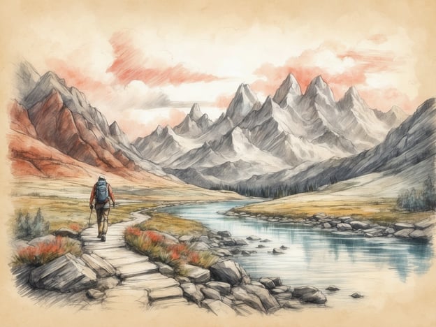 Auf dem Bild ist ein Wanderer zu sehen, der auf einem Pfad entlang eines Flusses in einer malerischen Berglandschaft geht. Die Umgebung wirkt idyllisch mit majestätischen Bergen im Hintergrund und grünen Wiesen.
In dieser Art von Umgebung gibt es viele Aktivitäten und Freizeitmöglichkeiten. Man könnte beispielsweise:
1. **Wandern**: Verschiedene Wanderwege erkunden, die durch die Berge und entlang des Flusses führen.
2. **Fotografie**: Die beeindruckende Landschaft und die Tierwelt fotografieren.
3. **Campen**: An geeigneten Stellen campen und die Natur hautnah erleben.
4. **Fischen**: Am Fluss angeln und die Ruhe genießen.
5. **Radfahren**: Mountainbiking auf den umliegenden Wegen.
6. **Naturbeobachtungen**: Tier- und Pflanzenarten beobachten und entdecken.
Diese Aktivitäten bieten eine wunderbare Möglichkeit, die Schönheit der Natur zu genießen und aktiv zu sein.