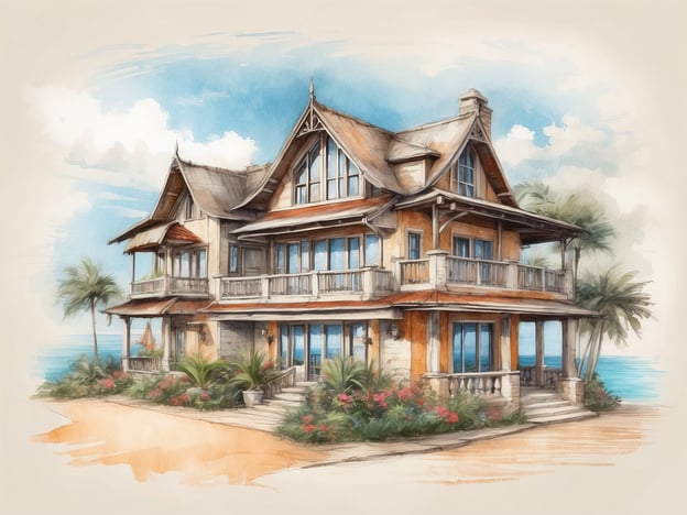 Auf dem Bild ist ein attraktives Ferienhaus zu sehen, das sich in einer malerischen Küstenlage befindet. Es hat mehrere große Fenster, die viel Licht hereinlassen und eine schöne Aussicht auf das Meer bieten. Die Architektur des Hauses ist ansprechend mit rustikalen Elementen und einem einladenden Balkon.
Innerhalb des Hauses könnte man mit Sicherheit mehrere Zimmer erwarten, die individuell gestaltet sind und als Unterkünfte für Gäste dienen könnten. Die Umgebung ist mit tropischen Pflanzen und Blumen dekoriert, was eine entspannende Atmosphäre schafft, ideal für einen Urlaub.