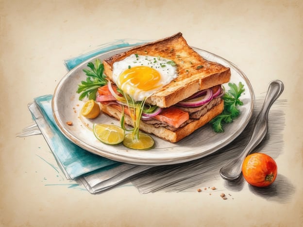 Auf dem Bild ist ein köstliches Gericht zu sehen, das eine Kombination aus knusprigem Brot, frisch zubereitetem Ei, und einer bunten Auswahl an Zutaten zeigt. Das Brot ist wahrscheinlich geröstet und könnte mit verschiedenen Belägen wie Räucherlachs, Schinken und frischem Gemüse, wie Zwiebeln und Kräutern, belegt sein. Das Spiegelei, das auf dem Brot sitzt, sieht besonders einladend aus und verspricht eine angenehme cremige Textur, wenn es aufgeschnitten wird.
Die kleinen Zitronenstücke und die Beilage eines Mandarinenfruchtstücks verleihen dem Gericht eine frische, zitrusartige Note und machen das gesamte kulinarische Erlebnis noch ansprechender. Solch eine Kombination eignet sich hervorragend für ein herzhaftes Frühstück oder einen leichten Brunch und könnte in einem gemütlichen Café oder sogar zu Hause zubereitet werden.