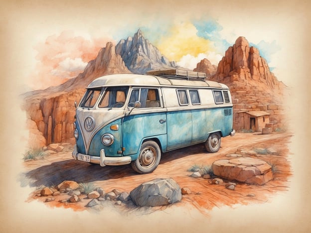 Auf dem Bild ist ein älterer Volkswagen-Bus in einem malerischen, felsigen Terrain zu sehen. Diese Art von Szene könnte Abenteuerlust und Reisen symbolisieren, ideal für Aktivitäten wie Camping oder Roadtrips. Der Bus könnte die perfekte Basis für eine Fahrt in die Natur darstellen, wo man wandern, die Landschaft erkunden oder einfach die Ruhe der Umgebung genießen kann. Der Eindruck ist, dass man mit Freunden oder der Familie auf Entdeckungstour geht, vielleicht mit einem Picknick im Gepäck.