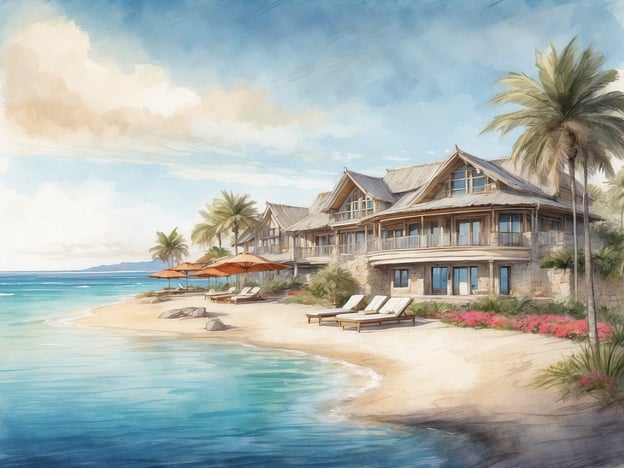 Auf dem Bild ist eine malerische Strandlandschaft zu sehen, die eine luxuriöse Unterkunft am Meer zeigt. Das Gebäude ist umgeben von Palmen und liegt direkt am Wasser, wo sich Sonnenliegen und Sonnenschirme befinden. Die sanften Wellen des Meeres und der klare Himmel schaffen eine entspannte Urlaubsatmosphäre.
Dies könnte eine beispielhafte Darstellung des U Splash Resorts sein, einem Ort, der für seine idyllische Lage, erstklassigen Service und luxuriöse Annehmlichkeiten bekannt ist. Gäste können hier entspannen, die Natur genießen und verschiedene Freizeitaktivitäten am Strand erleben.