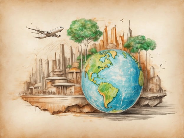 Auf dem Bild ist eine künstlerische Darstellung der Erde zu sehen, umgeben von urbanen Landschaften und Natur. Die Kombination von hochmodernen Gebäuden und grünen Bäumen verdeutlicht die Bedeutung von Nachhaltigkeitsinitiativen. Diese zeigen, wie urbanes Leben und ökologische Verantwortung miteinander verbunden werden können. Zudem symbolisieren Elemente wie der Flugzeugeinsatz die Notwendigkeit, Umwelt- und Sozialverantwortung in der Luftfahrt und anderen Branchen zu berücksichtigen.
Das Bild regt dazu an, über eine balance zwischen Fortschritt und Umweltschutz nachzudenken und betont die Wichtigkeit einer nachhaltigen Entwicklung für zukünftige Generationen.