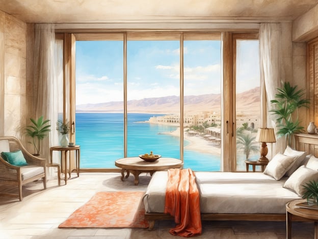 Auf dem Bild ist ein helles und elegantes Hotelzimmer mit einem großen Fenster zu sehen, das einen atemberaubenden Blick auf das Tote Meer und die umliegenden Landschaften bietet. Die Einrichtung ist modern und gemütlich, mit einem Bett, einem Tisch und bequemen Stühlen. Die Farben sind freundlich und strahlend, was eine entspannte Atmosphäre schafft.
Das Herods Dead Sea Hotel ist bekannt für seine luxuriöse Ausstattung und die malerische Lage am Toten Meer. Es bietet seinen Gästen verschiedene Annehmlichkeiten wie Spa-Dienstleistungen, Pools und direkten Zugang zum Strand. Die Umgebung lädt zu Entspannung und Erholung ein, während die Kulisse der Wüste eine einzigartige Atmosphäre schafft.