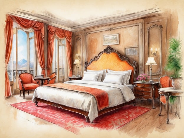 Auf dem Bild ist ein elegantes Hotelzimmer zu sehen, das einladend und komfortabel gestaltet ist. Die warmen Farben der Wände und die luxuriösen Vorhänge verleihen dem Raum eine gemütliche Atmosphäre. Das große Bett ist mit weichen Kissen und einer ansprechenden Bettdecke dekoriert, was den Gästen einen erholsamen Schlaf verspricht.
Zusätzlich gibt es bequeme Sitzgelegenheiten mit stilvollen Tischchen, die ideal für entspannende Momente sind. Die Fenster lassen viel Licht herein und bieten einen schönen Blick auf die Landschaft. Die sorgfältige Auswahl an Möbeln und Dekorationen zeigt die Gastfreundschaft, die hier großgeschrieben wird. Der Raum strahlt eine Atmosphäre von Service und Eleganz aus, die den Aufenthalt der Gäste zu einem besonderen Erlebnis macht.