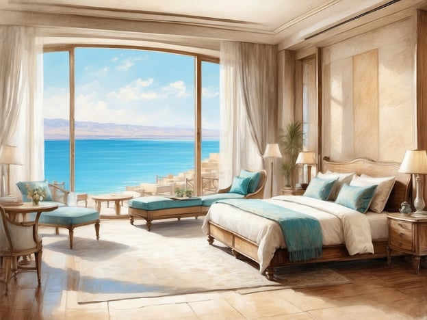 Das Bild zeigt einen eleganten, hellen Raum mit Blick auf das Wasser. Im Vordergrund sind ein großes Bett, Sitzgelegenheiten sowie große Fenster zu sehen, die den Blick auf den See und die Berge im Hintergrund ermöglichen.
Der Leonardo Club Dead Sea ist ein beliebtes All-Inclusive-Resort am Toten Meer in Israel. Es bietet luxuriöse Unterkünfte, vielfältige Freizeitaktivitäten und Wellness-Angebote, darunter Mineralien aus dem Toten Meer, die für ihre heilenden Eigenschaften bekannt sind. Die Lage des Hotels ermöglicht Gästen entspannende Ausblicke und Zugang zu den einzigartigen Eigenschaften des Toten Meeres.