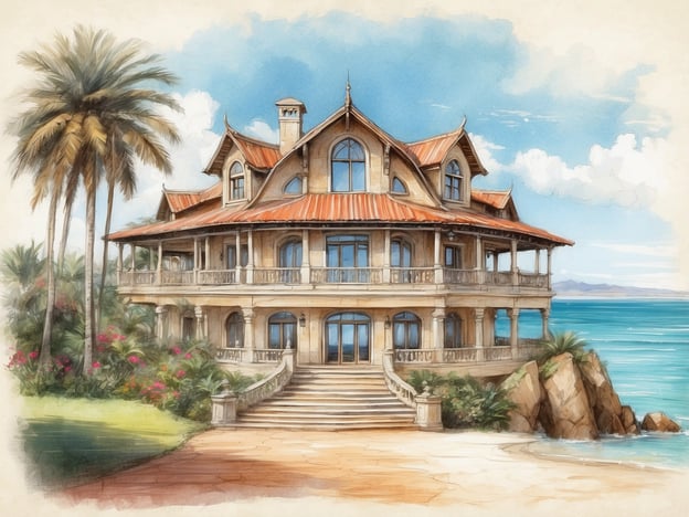 Auf dem Bild ist eine prächtige Villa zu sehen, die sich idyllisch am Strand befindet. Die Architektur hat einen eleganten, historischen Stil mit einem roten Satteldach und großen Fenstern, die Blick auf das Meer bieten. Um das Gebäude herum wachsen Palmen und bunte Blumen, was eine tropische Atmosphäre vermittelt.
In Anlehnung an die Geschichte von Herods Herzliya könnte man sich vorstellen, dass eine solche Villa den Luxus und die Pracht widerspiegelt, die die Region an der Küste von Israel im antiken und auch modernen Kontext geprägt haben. Herod der Große war bekannt für seine prächtigen Bauwerke und seine Verbindung zur Küste, die damals ein wichtiger Handels- und Erholungsort war. Diese Villa könnte also symbolisch für das Erbe von Pracht und Wohlstand in dieser historischen Region stehen.