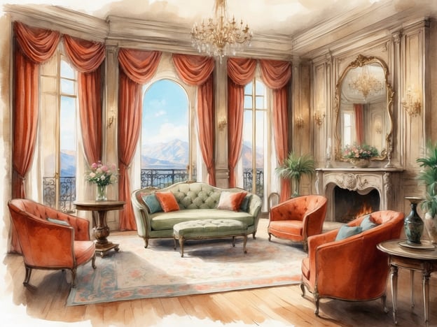 Auf dem Bild ist ein elegantes Wohnzimmer zu sehen, das durch viel Licht und einen atemberaubenden Ausblick besticht. Große Fenster mit schweren, roten Vorhängen öffnen den Raum zur Außenwelt und lassen eine malerische Landschaft sichtbar werden.
Die Einrichtung ist geschmackvoll: Ein grünes Sofa mit dekorativen Kissen, kombiniert mit leuchtend roten Sessel, die einen einladenden Kontrast bieten. In der Mitte des Raumes befindet sich ein runder Tisch mit einer Blumenvase, die das Ambiente auflockert.
Ein beleuchteter Kamin und ein großer Spiegel an der Wand tragen zur Gemütlichkeit und zum stilvollen Ambiente bei. Pflanzen in den Ecken unterstützen die frische Atmosphäre des Zimmers. Insgesamt vermittelt dieser Raum ein Gefühl von Luxus und Komfort.