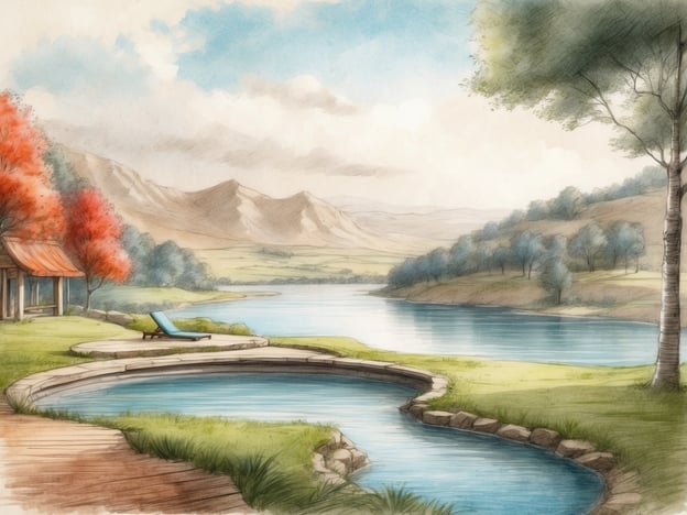 Auf dem Bild ist eine idyllische Landschaft zu sehen, die Ruhe und Erholung ausstrahlt. Im Vordergrund liegt ein einladendes Schwimmbecken, umgeben von einer sanften Rasenfläche und hübschen Pflanzen. Ein Liegestuhl lädt dazu ein, sich zu entspannen und die Natur zu genießen. Im Hintergrund sind sanfte Hügel und Bäume zu sehen, die die friedliche Atmosphäre unterstreichen.
Solch eine Umgebung erinnert an entspannende Tage im Hotel Botanica in Haifa, wo Gästen die Möglichkeit geboten wird, sich vom Alltagsstress zu erholen, die Schönheit der Natur zu erleben und Wohlbefinden zu finden. Die Kombination aus Wasser, Grünflächen und der atemberaubenden Landschaft schafft einen perfekten Ort für Entspannung und Regeneration.