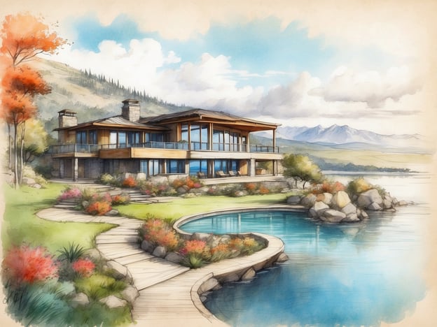Auf dem Bild ist eine stilisierte Darstellung eines modern gestalteten Hauses am Wasser zu sehen. Das Gebäude ist von einer gepflegten Landschaft umgeben, mit bunten Blumenbeeten und einem geschwungenen Holzweg, der zu einem Gewässer führt. Im Hintergrund sind Berge und ein klarer Himmel zu erkennen.
Im Vergleich dazu ist das Leonardo Plaza Haifa ein bekanntes Hotel in Haifa, Israel, das an der Küste des Mittelmeers liegt und einen Blick auf die Stadt und das Meer bietet. Das Hotel zeichnet sich durch moderne Annehmlichkeiten, komfortable Zimmer und Restaurants aus, die lokale und internationale Küche anbieten. Es ist ein beliebter Aufenthaltsort für Touristen, die die Schönheit und Kultur von Haifa erleben möchten.