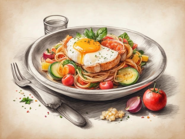Auf dem Bild ist ein ansprechend angerichteter Teller mit einer köstlichen Mahlzeit zu sehen. Im Mittelpunkt steht ein Stück Fleisch, das von einem perfekt gebratenen Spiegelei gekrönt wird. Um das Ei und das Fleisch herum sind bunte Gemüsesorten wie Zucchini und Kirschtomaten sowie eine Portion Spaghetti zu finden.
Das Gericht sieht nicht nur appetitlich aus, sondern weckt auch Erinnerungen an ein gemütliches Essen in einem italienischen Restaurant, wo die Kombination aus frischen Zutaten und liebevoller Zubereitung im Vordergrund steht. Die verschiedenen Farben und die Anrichtung könnten den Gaumen anregen und Lust auf ein gemeinsames Dinner mit Freunden oder Familie machen. Ein Glas Wasser daneben rundet das gastronomische Erlebnis ab.