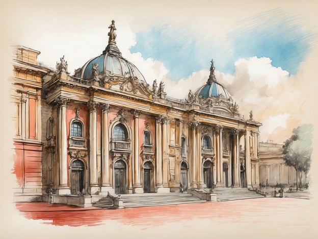 Auf dem Bild ist eine beeindruckende architektonische Darstellung eines historischen Gebäudes zu sehen. Die elegante Fassade zeigt klassische architektonische Elemente wie Säulen und einen geschwungenen Dachaufbau. Solche Gebäude könnten beispielsweise in europäischen Städten wie Berlin oder Wien zu finden sein, wo barocke und neoklassizistische Stile verbreitet sind.
Ein kulturelles Highlight, das zu solch einem Bauwerk passen würde, wäre ein Kunstmuseum oder eine Oper, in dem bedeutende Werke der Kunst oder herausragende Musikaufführungen präsentiert werden. Die verwendeten Farben und die Detailtreue unterstreichen die majestätische Aura des Gebäudes, was den Betrachter in eine andere Zeit versetzt und die kulturellen Wurzeln der Region erahnen lässt.