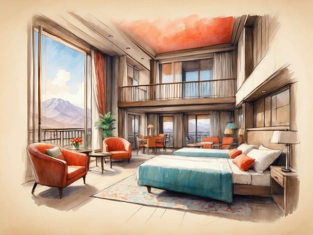 Auf dem Bild ist eine skizzierte Darstellung eines Hotelzimmers zu sehen, das großzügig gestaltet ist. Es gibt zwei Einzelbetten, die mit hellen Decken und farbigen Kissen ausgestattet sind. Zudem sind zwei rote Sessel und ein kleiner Tisch vorhanden, mit einer schönen Aussicht auf die Berge durch große Fenster.
In Bezug auf das Leonardo Hotel Jerusalem bietet es moderne Annehmlichkeiten und Komfort für Reisende, darunter stilvolle Zimmer wie das abgebildete, mit atemberaubendem Blick auf die Umgebung. Es ist ideal für sowohl Geschäftsreisende als auch Urlauber, die die Stadt erkunden möchten.