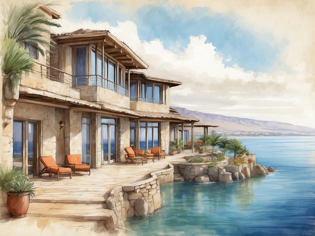 Auf dem Bild ist eine elegante, steinverkleidete Villa zu sehen, die am Ufer eines Gewässers steht. Die Architektur scheint modern und luxuriös zu sein, mit großen Fenstern, die einen Blick auf das Wasser ermöglichen. Auf der Terrasse sind bequeme Liegestühle platziert, um den Blick auf die Landschaft zu genießen. Palmen und andere Pflanzen umgeben die Villa, und der Himmel ist hell und einladend.Der Leonardo Club Tiberias ist ein All-Inclusive-Resort am Ufer des Kinneret (Vorn) in Israel. Es bietet eine Kombination aus komfortablen Unterkünften, gastronomischen Erlebnissen und Freizeitmöglichkeiten. Gäste können Wellness-Angebote, Pools und verschiedene Aktivitäten genießen, während sie die natürliche Schönheit der Region erleben.
