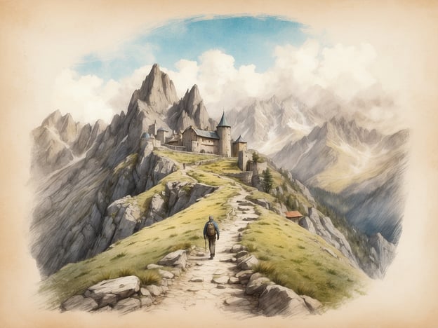 Auf dem Bild ist ein malerischer Wanderweg zu sehen, der zu einer beeindruckenden Burg oder Festung in den Bergen führt. Die Landschaft ist von majestätischen Felsen und sattem Grün geprägt, während die Wolken am blauen Himmel eine idyllische Stimmung erzeugen.In der Umgebung gibt es viele Ausflugstipps:1. **Wanderungen**: Die Region bietet zahlreiche Wanderwege für verschiedene Schwierigkeitsgrade, die atemberaubende Ausblicke auf die Berge und die Natur bieten.2. **Bergtouren**: Du kannst geführte Touren zu den umliegenden Gipfeln unternehmen, die für ihre Schönheit und panoramischen Ausblicke bekannt sind.3. **Historische Städte**: Besuche nahegelegene historische Städte oder Dörfer, um die lokale Kultur, Architektur und Geschichte zu erleben.4. **Naturparks**: Erkunde die nahegelegenen Naturparks, die sich hervorragend für Ausflüge, Vogelbeobachtungen und Picknicks eignen.5. **Lokale Küche**: Probiere die regionale Küche in traditionellen Restaurants oder Hütten, die oft lokale Spezialitäten anbieten.Egal, ob du Wanderer, Geschichtsinteressierter oder Naturliebhaber bist, die Umgebung hat für jeden etwas zu bieten.