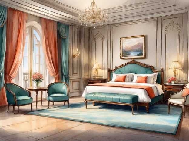 Auf dem Bild ist ein elegantes Schlafzimmer mit einem luxuriösen Design zu sehen. Die Wände sind hell gestrichen, und es gibt reich verzierte Elemente. Das Bett hat eine stilvolle Kopfteil und ist mit bunten Kissen dekoriert. Neben dem Bett stehen zwei Nachttische mit Lampen.
Im Raum befinden sich auch zwei grüne Sessel und ein kleiner Tisch, auf dem eine Blumenvase steht. Große Fenster mit üppigen Vorhängen lassen viel Licht hinein. Insgesamt vermittelt der Raum eine schöne und einladende Atmosphäre.