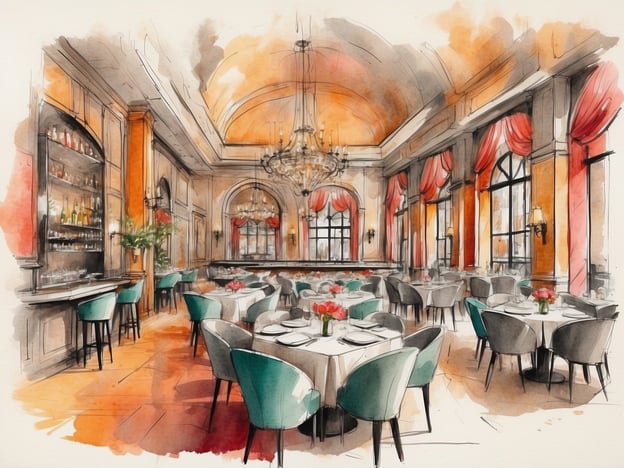 Auf dem Bild ist ein elegantes Restaurant zu sehen. Es gibt Tische mit weißen Tischdecken, die geschmackvoll mit Blumen dekoriert sind. Die Stühle sind in einem modernen Stil gehalten, teilweise in Türkis, und schaffen eine angenehme Atmosphäre. An den Wänden sind große Fenster mit roten Vorhängen, die viel Licht hereinlassen. Im Hintergrund sieht man eine Bar, die mit verschiedenen Getränken und Gläsern bestückt ist. Insgesamt vermittelt der Raum ein gehobenes und einladendes Ambiente, ideal für ein stilvolles Essen oder einen Drink.
