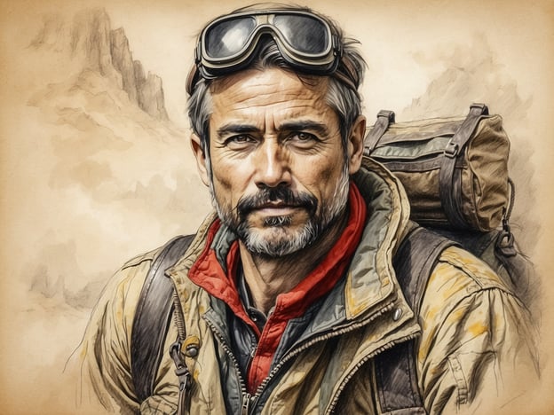 Auf dem Bild ist ein älterer Mann mit einem markanten Gesichtsausdruck zu sehen. Er trägt eine wetterfeste Jacke und eine rote Kapuze, darüber eine Art Goggle. Im Hintergrund sind unscharfe Gebirgen oder natürliche Landschaften erkennbar, was darauf hindeutet, dass er sich möglicherweise in einer bergigen oder abgelegenen Gegend befindet.Wenn wir die Lebensgeschichte von Leonardo Tiberias betrachten, könnte dieser Mann ein Abenteurer oder Entdecker sein, ähnlich wie Tiberias, der vielleicht neue Horizonte erkundet hat oder Herausforderungen in der Natur gemeistert hat. Tiberias war bekannt für seine Entschlossenheit und Abenteuerlust, was auch in der Ausstrahlung des Mannes in diesem Bild zum Ausdruck kommt.