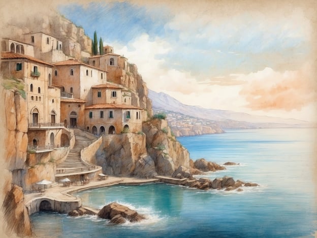 Auf dem Bild ist eine malerische Küstenlandschaft zu sehen, die von steilen Klippen und einer Reihe von charmanten Häusern geprägt ist. Diese Dörfer, die oft in der italienischen oder mediterranen Region zu finden sind, verkörpern eine harmonische Beziehung zwischen Architektur und Natur.Die kulturelle Bedeutung von Leonardo Tiberias könnte sich auf die Kunst, Architektur und die Darstellung von Landschaften beziehen, die von seinem Werk inspiriert sind. Solche Szenen reflektieren oft die Tradition der Landschaftsmalerei, die das Zusammenspiel von menschlicher Hand und der ergreifenden Natur zeigt. Diese Darstellungen fördern ein Gefühl der Zugehörigkeit und Nostalgie zu einem bestimmten Lebensstil, der eng mit dem Meer und den Bergen verbunden ist. In diesen Künstlergemeinschaften wird die Schönheit der Natur oft gefeiert und als Teil des kulturellen Erbes geschätzt.