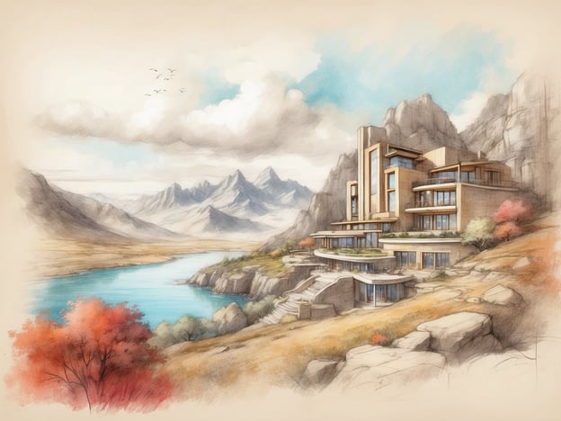 Auf dem Bild ist eine stilisierte Darstellung eines modernen Gebäudes zu sehen, das vermutlich eine Unterkunft oder ein Resort darstellt. Es ist in einer beeindruckenden Landschaft mit Bergen und einem Fluss gelegen.
Die Zimmer und Suiten scheinen große Fenster zu haben, die einen herrlichen Ausblick auf die Natur ermöglichen. Die Architektur vereint moderne Elemente mit einer harmonischen Integration in die umliegende Landschaft, was den Gästen eine ruhige und entspannende Atmosphäre bieten dürfte. Die Umgebung ist geprägt von sanften Hügeln, Wasser und bunten Bäumen, die eine malerische Kulisse schaffen.