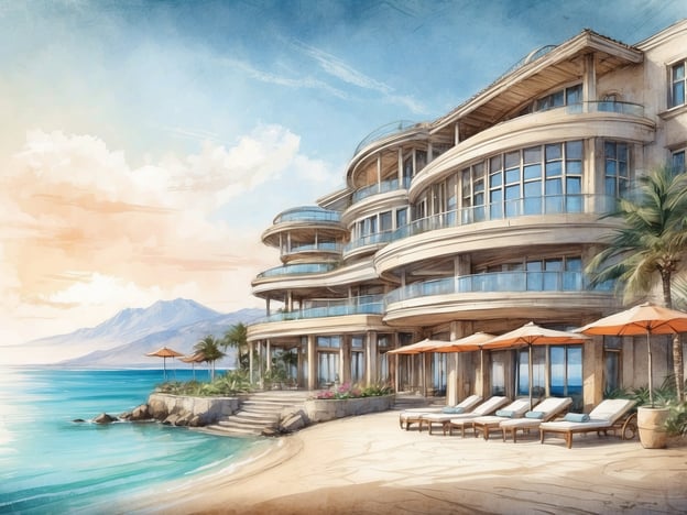 Auf dem Bild ist eine moderne, elegante Hotelarchitektur zu sehen, die direkt am Strand liegt. Es zeigt eine große, mehrstöckige Struktur mit großzügigen Balkonen, großen Fenstern und einem malerischen Ausblick auf das Wasser. Vor dem Gebäude sind Liegen mit Sonnenschirmen platziert, und die Umgebung ist mit Palmen und Blumen dekoriert, was eine entspannende Urlaubsatmosphäre vermittelt.
Die Geschichte des Leonardo Plaza Netanya ist von dem Bestreben geprägt, einen luxuriösen Rückzugsort zu schaffen, der sowohl Komfort als auch eine atemberaubende Sicht auf das Mittelmeer bietet. Das Hotel kombiniert moderne Annehmlichkeiten mit einem einladenden und stilvollen Ambiente, was es zu einem beliebten Ziel für Reisende macht, die Erholung und Genuss suchen.