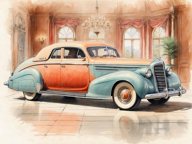 Auf dem Bild ist ein klassisches Auto zu sehen, das in einem eleganten Innenraum geparkt ist. Der Raum strahlt einen historischen Charme aus, mit großen Fenstern, Kronleuchtern und dekorativen Vorhängen. Die Wände sind wahrscheinlich mit feinem Stuck oder Holzverkleidung ausgestattet, was auf eine luxuriöse Umgebung hinweist.
Das Auto selbst hat eine auffällige zweifarbige Lackierung in Orange und Türkis. Dieses Bild vermittelt eine nostalgische Atmosphäre und könnte in einem historischen Hotel oder einer fahrenden Lounge dargestellt sein, die den Charme vergangener Zeiten verkörpert.