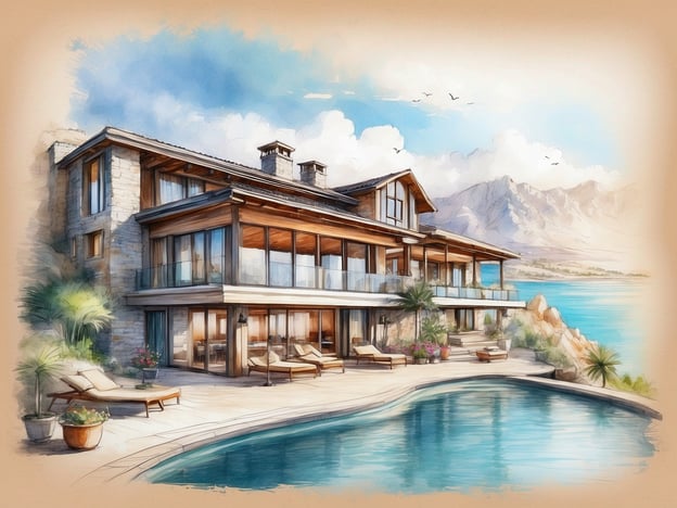 Auf dem Bild ist eine wunderschöne Villa am Wasser zu sehen, die in einem modernen, rustikalen Stil erbaut ist. Die großzügigen Fenster bieten einen atemberaubenden Blick auf die Umgebung, einschließlich des angrenzenden Wassers und der Berge im Hintergrund.
Zu den Annehmlichkeiten gehören:
- Ein einladender Poolbereich, der ideal zum Entspannen und Schwimmen ist.
- Liegen und bequeme Sitzmöglichkeiten auf der Terrasse, perfekt zum Sonnenbaden oder für gesellige Treffen.
- Eine gepflegte Gartenlandschaft mit Pflanzen, die zur harmonischen Atmosphäre beitragen.
Diese Unterkunft bietet eine ruhige und luxuriöse Umgebung, ideal für erholsame Ferien oder besondere Anlässe.