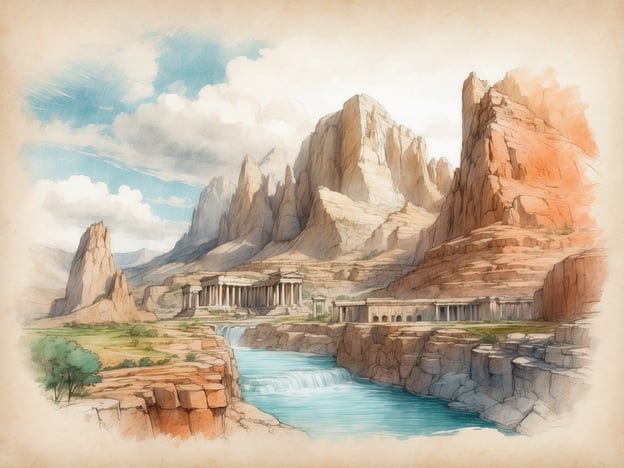 Auf dem Bild ist eine malerische Landschaft mit beeindruckenden Bergen und einer antiken Tempelanlage zu sehen, die an die Architektur des antiken Griechenlands erinnert. Es fließt ein klarer Fluss vor der Kulisse, der die Szenerie noch eindrucksvoller macht.
In der Nähe könnten Sehenswürdigkeiten wie die Felsenstadt Petra in Jordanien oder die einzigartigen Wüstenlandschaften und Formationen des Zion-Nationalparks in den USA zu finden sein. Diese Orte sind bekannt für ihre atemberaubende natürliche Schönheit und ihre historischen Stätten.