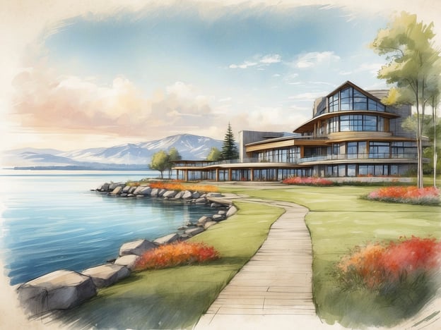 Auf dem Bild ist eine künstlerische Darstellung eines modernen Gebäudes zu sehen, das in der Nähe eines Gewässers liegt, umgeben von einer gepflegten Landschaft mit Blumen und Bäumen. Es könnte sich um ein Hotel handeln, das eine entspannende Atmosphäre in einer naturnahen Umgebung bietet.Das Leonardo Hotel Lago di Garda bietet seinen Gästen eine malerische Aussicht auf den Gardasee, moderne Annehmlichkeiten und eine angenehme, einladende Umgebung. Es ist ideal für Erholungsuchende, die die Schönheit der Natur genießen möchten, während sie gleichzeitig Zugriff auf komfortable Unterkünfte haben. Die Lage am Wasser ermöglicht zahlreiche Freizeitaktivitäten, wie Wassersport und Spaziergänge entlang des Sees.