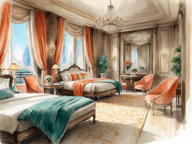 Auf dem Bild ist ein elegantes Hotelzimmer zu sehen, das wahrscheinlich im NYX Hotel in Mailand gestaltet ist. Es zeigt eine luxuriöse Einrichtung mit zwei Betten, geschmackvollen orangefarbenen und grünen Akzenten, opulenten Vorhängen, einem großen Teppich und einer stilvollen Beleuchtung durch Kristallleuchter. Große Fenster bieten einen Blick auf die Stadt, was dem Raum eine helle und einladende Atmosphäre verleiht.
Das NYX Hotel Milan zeichnet sich durch modernes Design, Komfort und eine zentrale Lage aus. Es bietet eine Vielzahl von Annehmlichkeiten, darunter Restaurants, Bars und Tagungsräume, und richtet sich sowohl an Geschäftsreisende als auch an Urlauber. Die stilvolle Einrichtung und das kreative Ambiente spiegeln das pulsierende Leben Mailands wider.