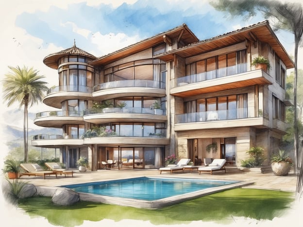 Auf dem Bild ist eine beeindruckende Villa zu sehen, die durch ihre moderne Architektur und die großflächigen Fenster besticht. Rund um den Außenbereich gibt es einen einladenden Pool, der ideal für entspannende Stunden ist. Die großzügige Terrasse ist mit bequemen Liegen ausgestattet, die zum Sonnenbaden einladen.
Die Umgebung ist grün und beinhaltet elegante Pflanzen, die das Gesamtbild der Villa harmonisch ergänzen. Dieses Anwesen bietet zahlreiche Annehmlichkeiten und Services wie zum Beispiel die Möglichkeit, im Freien zu speisen, sowie einen atemberaubenden Blick auf die Landschaft. Die Kombination aus Luxus und Komfort macht diese Villa zu einem traumhaften Rückzugsort.