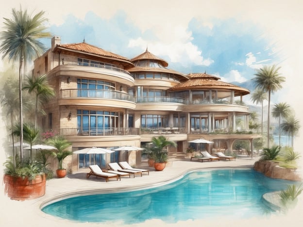 Auf dem Bild ist eine elegante Villa zu sehen, die von einer wunderschönen Landschaft umgeben ist. Die Architektur ist ansprechend mit großen Fenstern, die viel Licht hereinlassen. Vor der Villa befindet sich ein einladender Pool, der zum Entspannen einlädt.Zu den Annehmlichkeiten und Services gehören wahrscheinlich:- Luxuriöse Liegen und Sonnenschirme rund um den Pool- Eine großzügige Terrasse für geselliges Beisammensein- Möglichkeit für Aktivitäten im Freien und Wellnessangebote- Möglicherweise ein Servicepersonal, das für die Gäste zur Verfügung stehtDiese Umgebung bietet ideale Voraussetzungen für einen erholsamen Urlaub oder eine exklusive Veranstaltung.