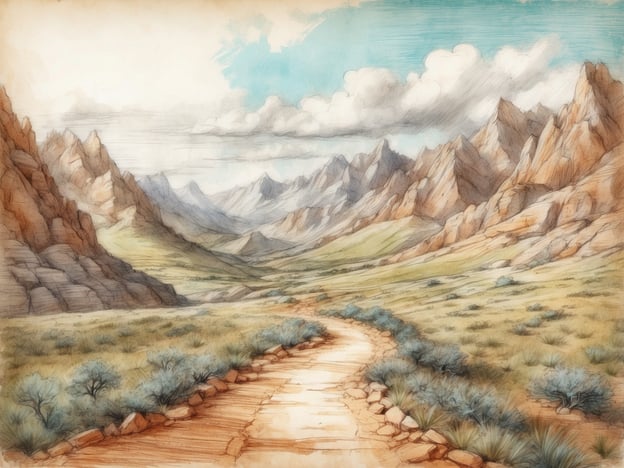 Auf dem Bild ist eine malerische Landschaft mit majestätischen Bergen und einem gewundenen Weg zu sehen. Die sanften Hügel sind mit grünem Gras und Sträuchern bedeckt, während die Felsen in wärmeren Farbtönen leuchten. Die Wolken am Himmel verleihen der Szene eine harmonische Atmosphäre.In der Umgebung gibt es viele Möglichkeiten zur Erkundung:1. **Wanderungen**: Der Pfad lädt zu Erkundungstouren in die Berge ein, wo man die Aussicht genießen und verschiedene Pflanzen und Tiere beobachten kann.2. **Fotografie**: Die beeindruckenden Felsen und die weite Landschaft sind perfekte Motive für Naturliebhaber.3. **Picknick**: Eine Pause am Wegesrand könnte eine schöne Gelegenheit sein, die natürliche Schönheit zu genießen.4. **Vogelbeobachtung**: In den bergigen Regionen findet man oft viele Vogelarten, die man beobachten kann.5. **Naturstudien**: Interessierte könnten die Pflanzenwelt näher erkunden und mehr über die einheimischen Arten erfahren.Diese Umgebung bietet viele Aktivitäten für Naturliebhaber und Abenteuerlustige.