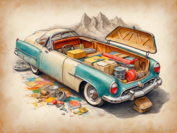 Auf dem Bild ist ein klassisches Auto zu sehen, dessen Kofferraum geöffnet ist und mit verschiedenen Gegenständen wie Kisten, Dosen und bunten Papieren gefüllt ist. Es sieht aus, als ob jemand für einen Ausflug oder Camping vorbereitet ist. Im Hintergrund sind Berge zu erkennen, was auf eine ländliche oder bergige Umgebung hindeutet.
### Tipps für einen gelungenen Aufenthalt:
1. **Vorbereitung**: Überprüfe vor der Abfahrt, ob du alles benötigte Equipment und ausreichend Proviant dabei hast.
2. **Planung**: Informiere dich über die Umgebung, damit du die besten Plätze zum Erkunden oder Entspannen findest.
3. **Ausrüstung**: Stelle sicher, dass du genügend Wasser und Snacks mitnimmst, besonders wenn du in der Natur unterwegs bist.
4. **Sicherheit**: Halte ein Erste-Hilfe-Set und Notfallnummern bereit, falls etwas Unerwartetes passiert.
5. **Natur respektieren**: Achte darauf, die Umgebung sauber zu halten; nimm deinen Müll immer mit.
Genieße deinen Aufenthalt!