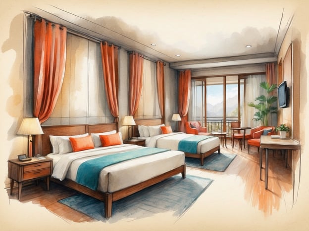 Auf dem Bild ist ein Hotelzimmer zu sehen, das ansprechend und modern gestaltet ist. Es gibt zwei große Betten, die mit bunten Kissen dekoriert sind. Die Wände sind hell gehalten, und große Fenster lassen viel Licht herein, während orangefarbene Vorhänge eine gemütliche Atmosphäre schaffen. Zudem gibt es einen kleinen Schreibtisch und Stühle in der Ecke des Raumes.Das Leonardo Hotel Amsterdam City Center bietet eine zentrale Lage, die ideal für Geschäftsreisende und Touristen ist. Die Ausstattung umfasst komfortable Zimmer mit modernen Annehmlichkeiten, kostenloses WLAN, ein Restaurant und eine Bar. Gäste können auch die Nähe zu vielen Sehenswürdigkeiten amüsieren, darunter Museen, Einkaufsstraßen und den berühmten Vondelpark.