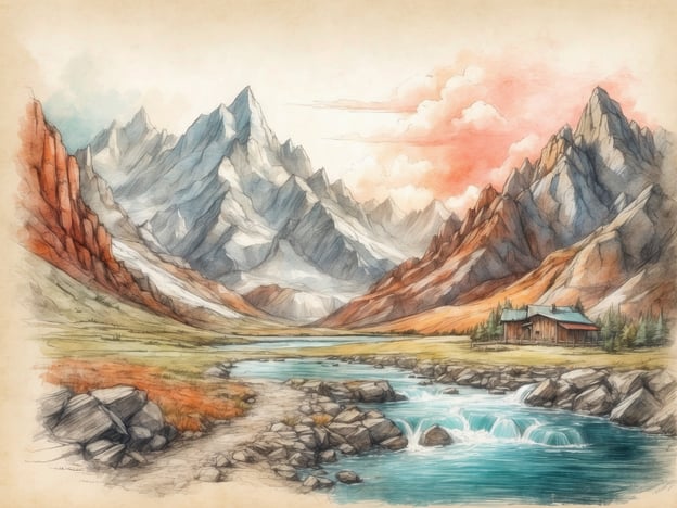 Auf dem Bild ist eine malerische Berglandschaft mit hoch aufragenden Gipfeln, einem klaren Fluss und einer kleinen Holzhütte zu sehen. Die Umgebung lädt zu verschiedenen Freizeitaktivitäten ein, wie zum Beispiel:
- **Wandern:** Es gibt viele Wanderwege in den Bergen, die für verschiedene Schwierigkeitsgrade geeignet sind.
- **Angeln:** Der Fluss könnte ideale Stellen zum Angeln bieten, um in Ruhe zu fangen.
- **Fotografie:** Die beeindruckende Landschaft ist ein perfektes Motiv für Naturliebhaber und Fotografen.
- **Picknicken:** An den Ufern des Flusses könnte man ein schönes Picknick mit Blick auf die Berge genießen.
- **Camping:** Die idyllische Umgebung eignet sich hervorragend zum Camping unter dem Sternenhimmel.
Diese Aktivitäten ermöglichen es, die Natur in vollen Zügen zu genießen.