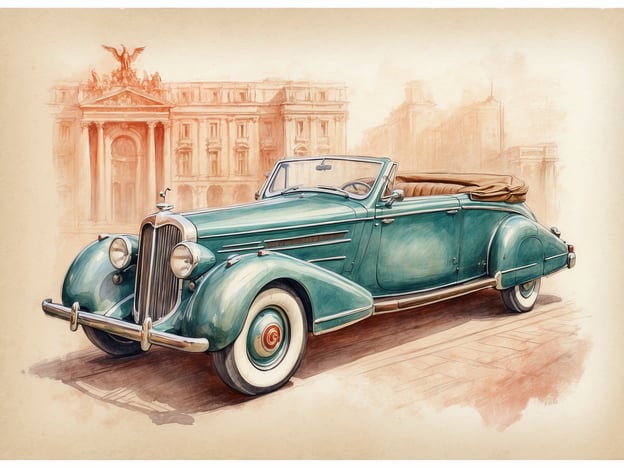 Das Bild zeigt ein klassisches, mintgrünes Cabriolet vor einer historischen Kulisse, die an ein elegantes Gebäude erinnert.
Wenn wir das Bild in Verbindung mit der Geschichte des Leonardo Royal Hotels betrachten, können wir uns vorstellen, dass solche Oldtimer oft die Straßen der luxuriösen Stadtviertel bevölkerten, in denen prominente Hotels zu finden sind. Das Leonardo Royal Hotel etwa könnte in einer Umgebung stehen, die reich an Geschichte und Kultur ist, ähnlich wie das abgebildete Gebäude, das von einer prunkvollen Architektur erzählt.
Im Kontext der Geschichte des Hotels könnte das Bild die Verbindung zwischen vielem Nostalgischen und dem modernen Luxus symbolisieren, den Gäste in einem erstklassigen Hotel erleben.