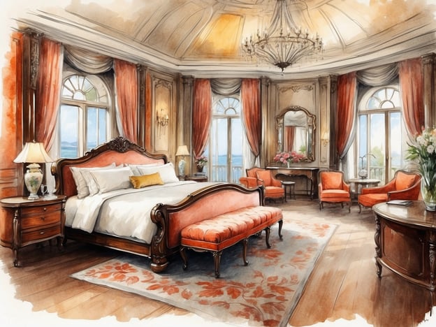 Auf dem Bild ist ein elegantes Schlafzimmer zu sehen, das durch eine luxuriöse und einladende Atmosphäre besticht. Der Raum ist mit einem großen, gepolsterten Bett ausgestattet, das mit hochwertigen Kissen und Decken dekoriert ist. Neben dem Bett befinden sich stilvolle Nachttische mit aufwendig gestalteten Tischlampen und dekorativen Elementen.
Die Fenster lassen viel Tageslicht herein und bieten eine schöne Aussicht, was für eine angenehme Beleuchtung sorgt. Die eleganten Vorhänge und der aufwendig gestaltete Kronleuchter tragen zur opulenten Stimmung des Zimmers bei. Auf der gegenüberliegenden Seite stehen gemütliche Sessel, die einladend wirken und zum Entspannen einladen. Ein dekorativer Teppich und ein kleiner Couchtisch vervollständigen das Bild, während frische Blumen für einen dekorativen Akzent sorgen.
Insgesamt vermittelt der Raum ein Gefühl von Komfort und Stil, ideal für einen erholsamen Aufenthalt mit Annehmlichkeiten wie einer ruhigen Leseecke oder romantischen Abenden.