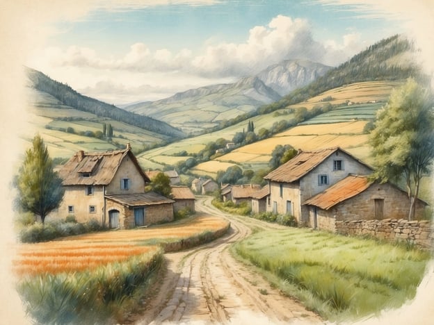 Auf dem Bild sieht man eine idyllische ländliche Landschaft. Im Vordergrund führt ein Kiesweg durch die Szene, flankiert von Feldern. Die Felder scheinen in verschiedenen Farben zu blühen, wobei gelbe und grüne Töne dominieren.
Links sind einige alte, rustikale Bauernhäuser mit schrägen Dächern zu sehen. Sie wirken gut in die Umgebung integriert, umgeben von vereinzelten Bäumen. Im Hintergrund erhebt sich eine hügelige Landschaft, die von sanften Bergen und einer bewaldeten Kulisse geprägt ist. Der Himmel ist leicht bewölkt und vermittelt eine friedliche, ländliche Atmosphäre.