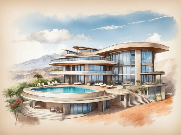 Auf dem Bild ist ein modernes Hotel oder eine Villa zu sehen, die durch ein elegantes und futuristisches Design hervorsticht. Die Architektur ist geschwungen mit großen Glasflächen, die viel Tageslicht hineinlassen und einen beeindruckenden Ausblick auf die Umgebung bieten.
Im Vordergrund befindet sich ein Infinity-Pool, der nahtlos mit der Terrasse verbunden ist. Rund um den Pool stehen Liegen, die zum Entspannen einladen. Der Aufenthalt im Freien wird durch die tropische Vegetation und die stilvollen Terrassenbereiche ergänzt.
Die Lage des Gebäudes scheint sich in einer bergigen oder naturnahen Umgebung zu befinden, was einen idyllischen Rückzugsort bietet. Zusammenfassend ist es ein luxuriöser Ort, der sowohl Komfort als auch Ästhetik vereint.